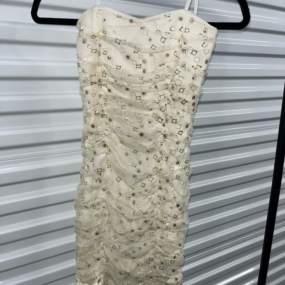 BCX Strapless Cream Beaded Ruched Cocktail Dress